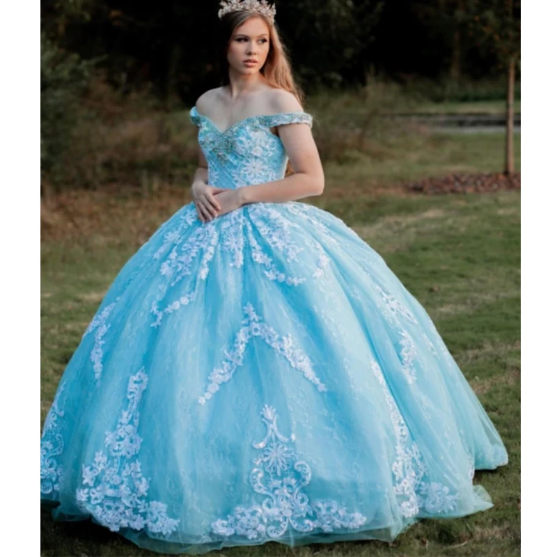 

Светильник-голубые платья для Quinceanera бальное платье милое кружевное бисерое праздничное милое платье принцессы 16 Тюлевое платье со шнуровк...