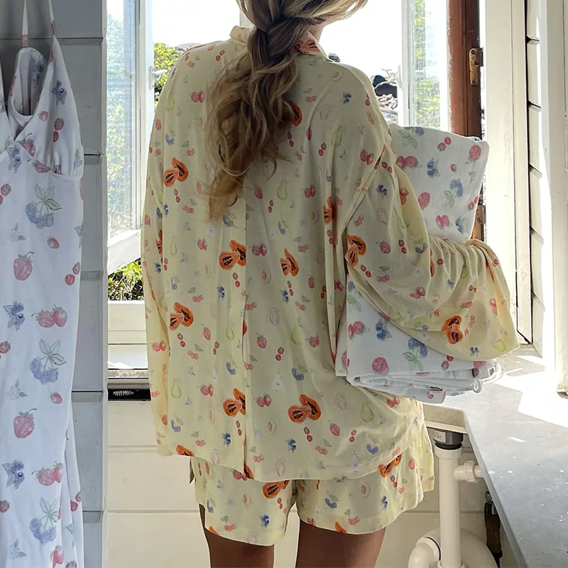 Women Lounge Outfits Cute Print Long Sleeve Button Up Cardigan Crop Top+Shorts Girl Y2K Kawaii Pajamas 2 Piece Set Fairycore