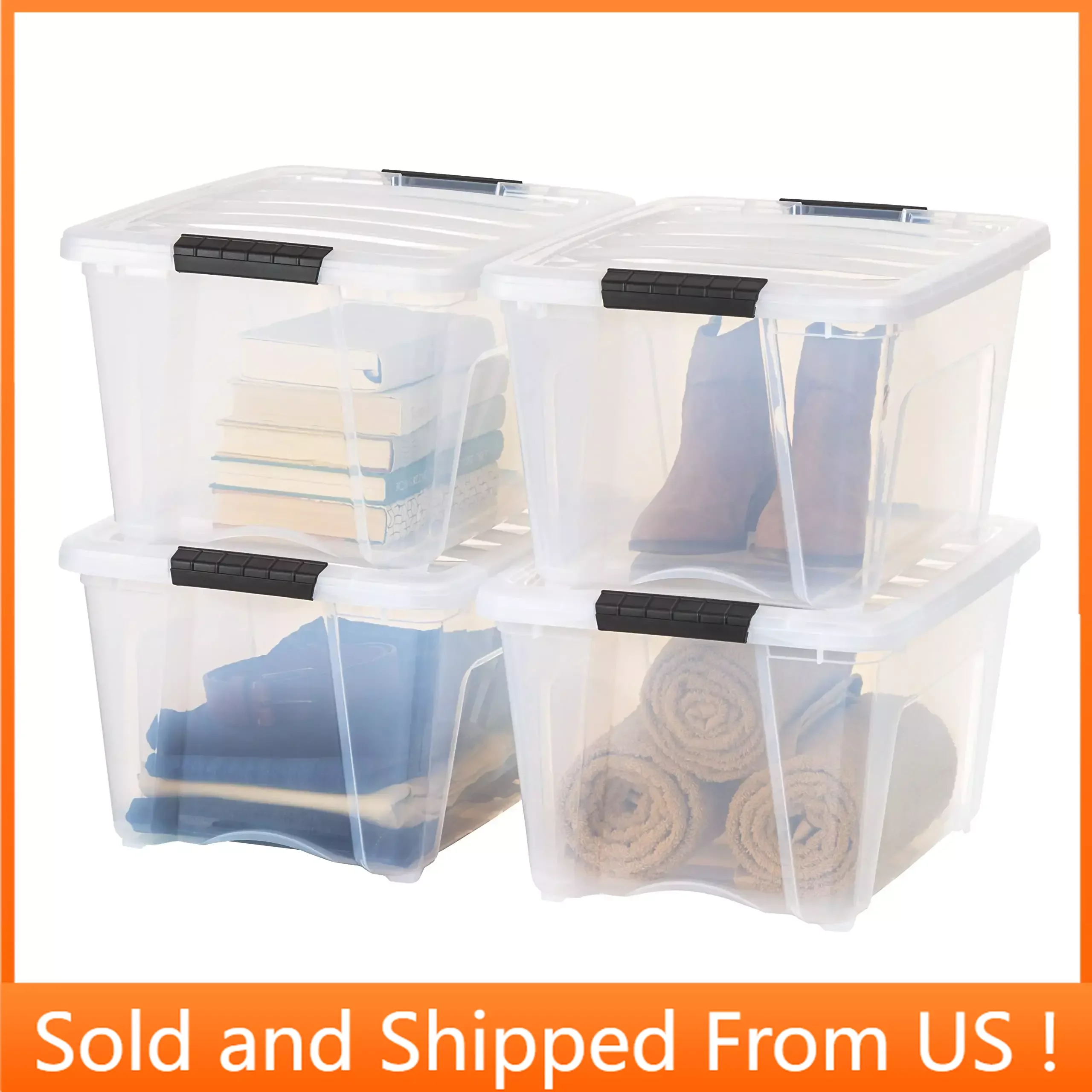 

32 Quart Stackable Plastic Storage Bins with Lids and Latching Buckles, Containers with Lids and Latches, 4 Pack - Clear