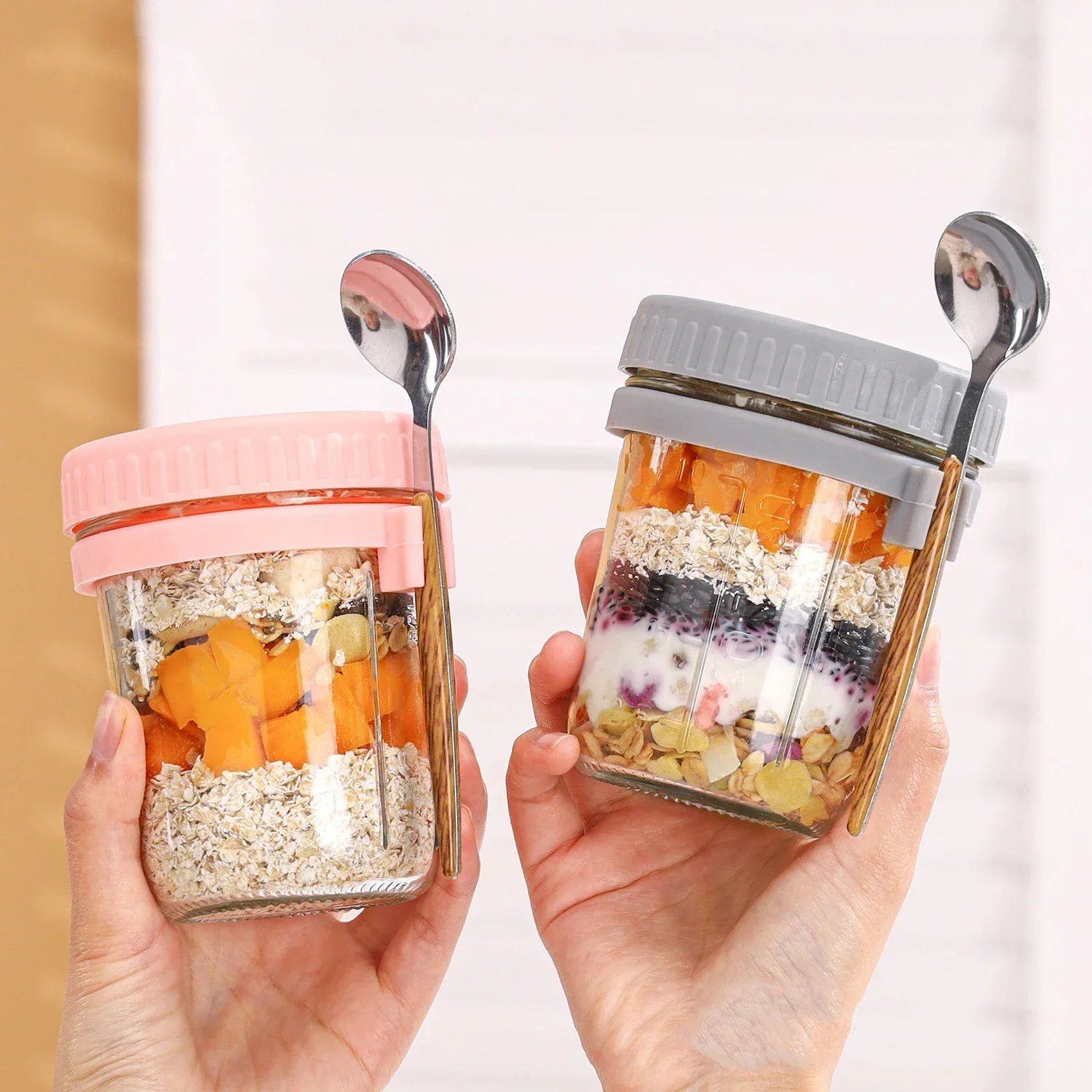 350ml 휴대용 오버나이트 오트밀 유리 우유 과일 샐러드 음식 보관 용기 시리얼 아침식사 컵 과일 샐러드 음식 보관함