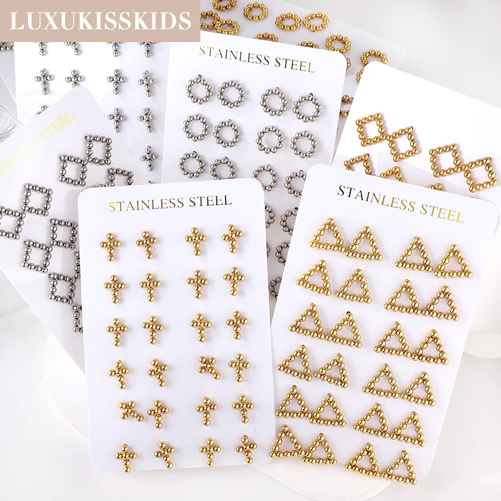 

LUXUKISSKIDS Trendy Woman Round Circle Earrings Studs Geometric Square Cross Triangle Shape aretes de mujer 12pairs/Lots Jewelry