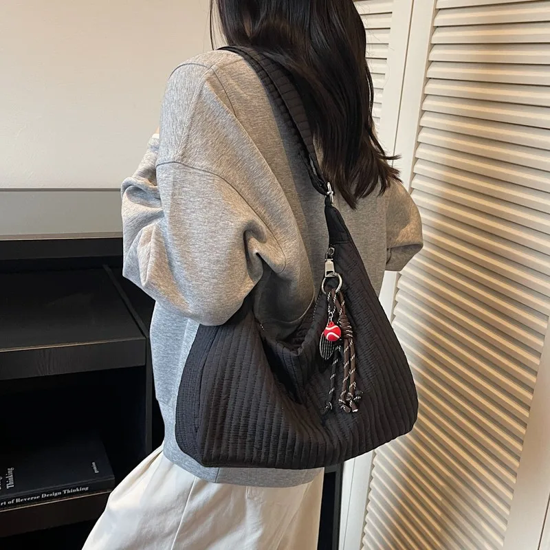 Casual Stitched Tote Bag Large Capacity Quilted Shoulder Bag Solid Color Casual Sling Bag Travel Date Shopping Handbag