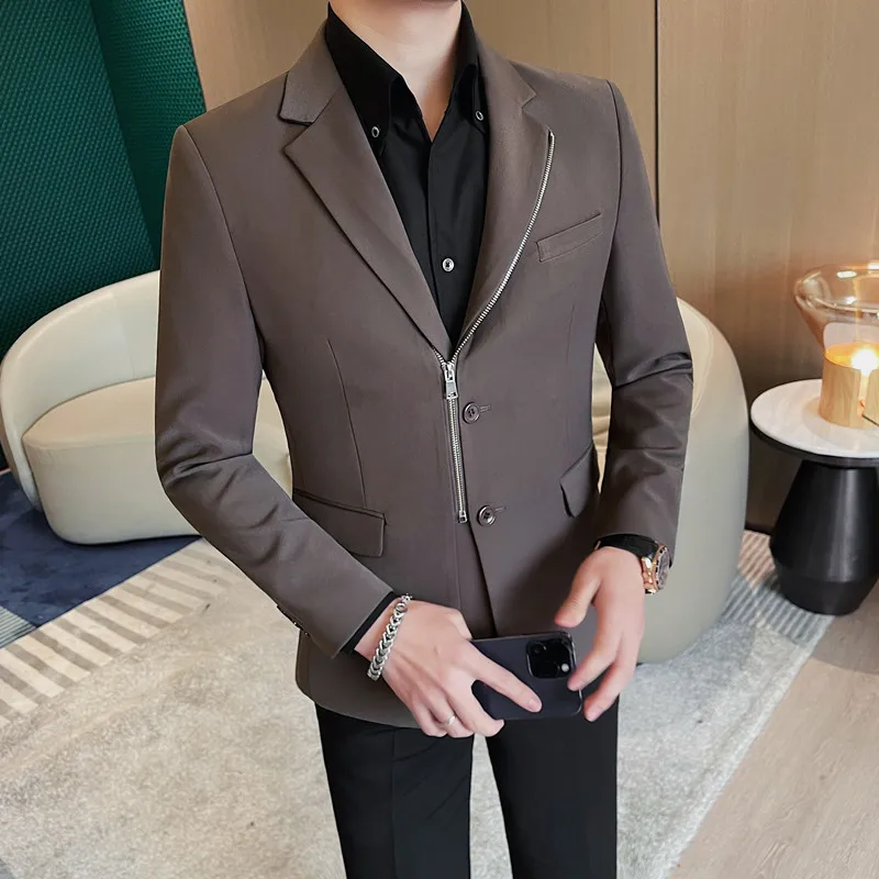 Zipper Men Blazers Spring Business Casual Suit Jacket Slim Office Social Dress Coat Wedding Groom Men Clothing