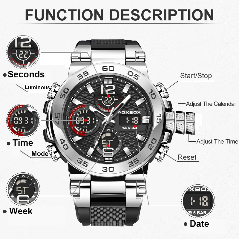 FOXBOX New Waterproof Watch Men Casual Sports Military Analog Digital Watches For Men Fashion Diver Men's Quartz Wristwatch