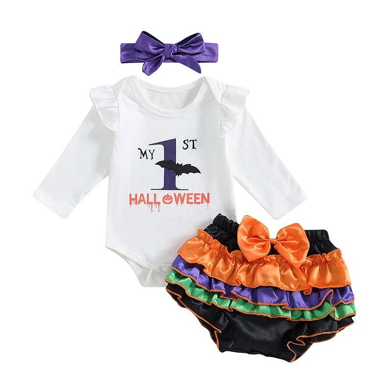 Baby Girls Shorts Set Long Sleeve Letters Print Romper with Layered Shorts Headband Fall Outfit Halloween Clothes