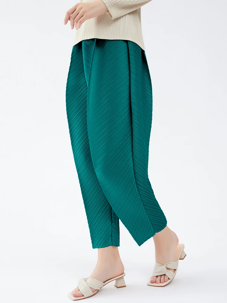 Miyake Pleated Geometric Design Pencil Pants Fall 2023 Summer New Korean Fashion Elastic Waist Long Causal Women Trousers