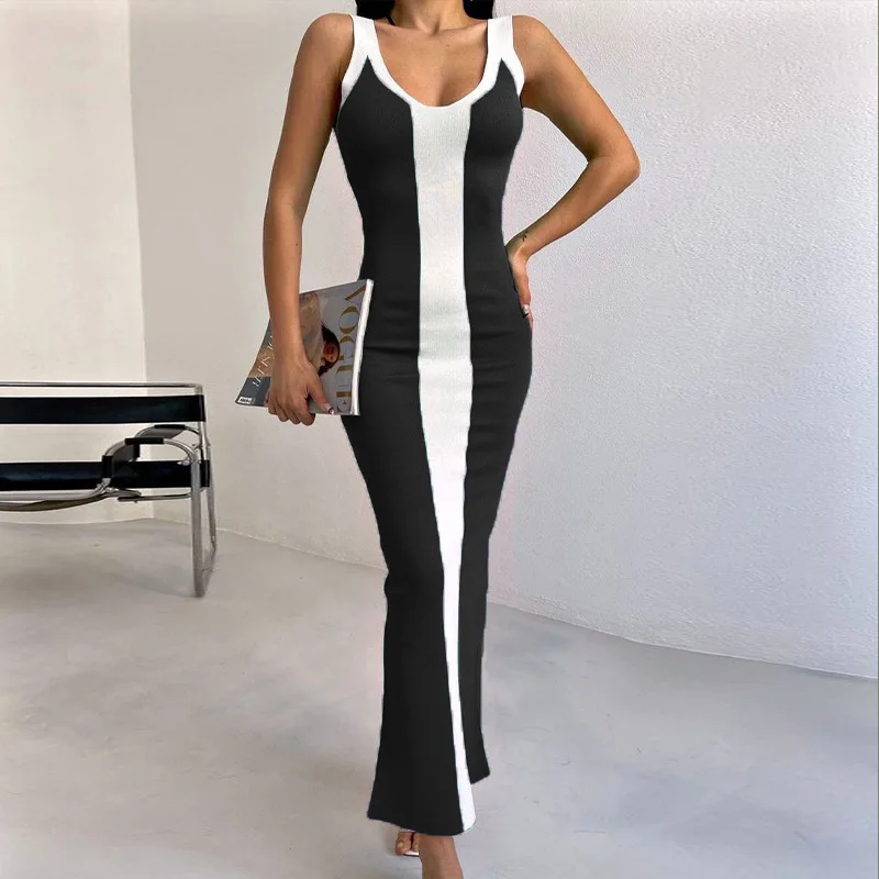 Women Fashion Contrast Stripe Dress Casual V Neck Sleeveless Long Dresses 2023 Summer Female Chic Backless Knit Maxi Vestidos