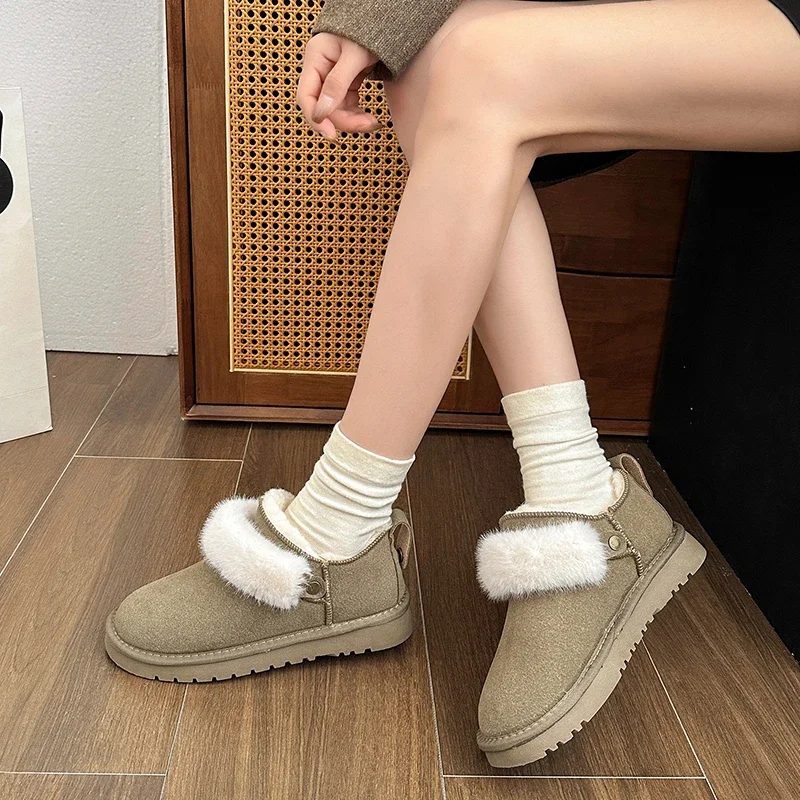 Winter Fashion Women's Short Boots Warm Sheepskin Boots Women's Casual Outdoor Snow Boots Women's Genuine Leather Chelsea Boots