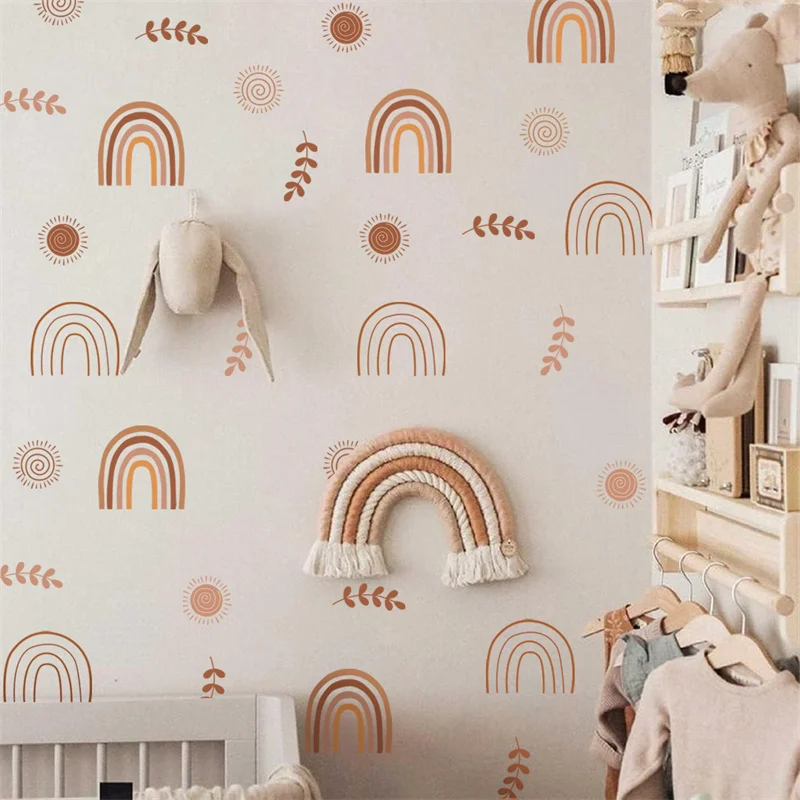 Nordic Botanical Leaves Decoration Wall Stickers for Kids Rooms Bohemian Rainbow Wallpaper Baby Room Decor Interior Wall Decals