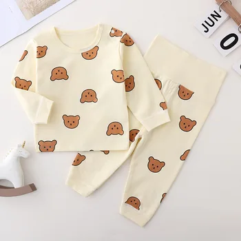 Set di Biancheria Intima per Neonati Primavera/Autunno, Stampa Orsetto Carino, Abbigliamento per Bambini in Cotone, Pigiama a Maniche Lunghe con Protezione Pancia a Vita Alta