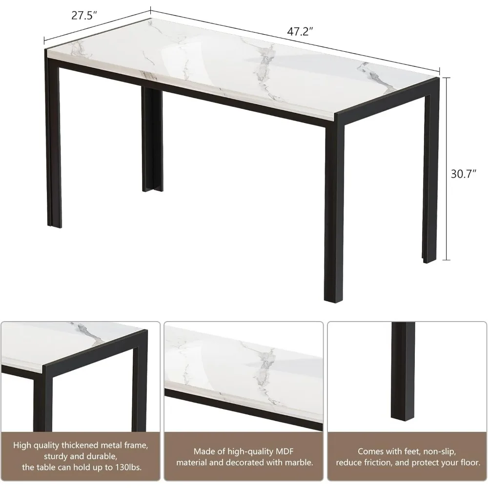 Dining Room Table Set with 2 Benches, Dining Table Set for 4-6, Faux Marble Breakfast & PU Leather Upholstered