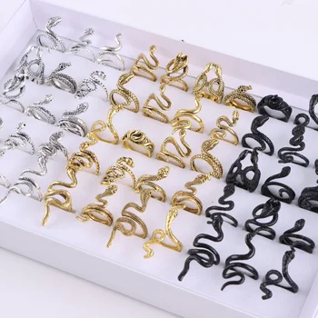 10Pcs/Lot New Fashion Unusual Retro Gothic Punk Snake Adjustable Open Rings Jewelry For Women Men Black Silver Gold Party Gift 1
