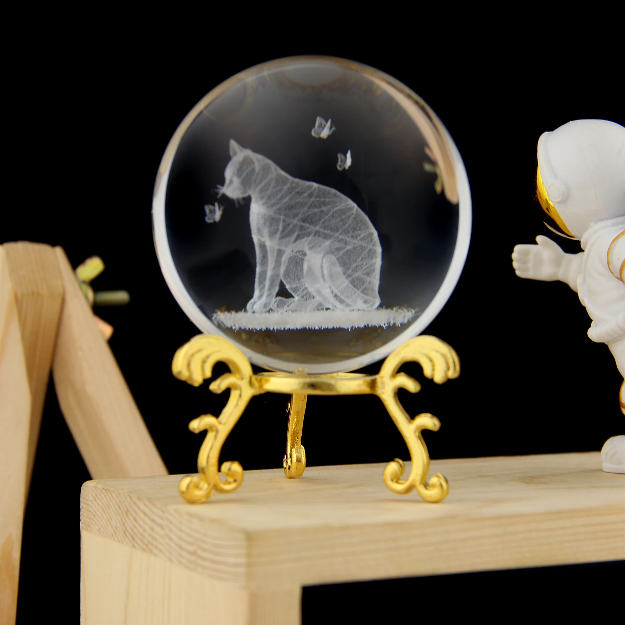 3D 크리스탈 공 태양계 고양이 크리스탈 홈 데코, 골드 베이스, 크리스마스 날 선물, 생일 선물, 유리 구, 60mm
