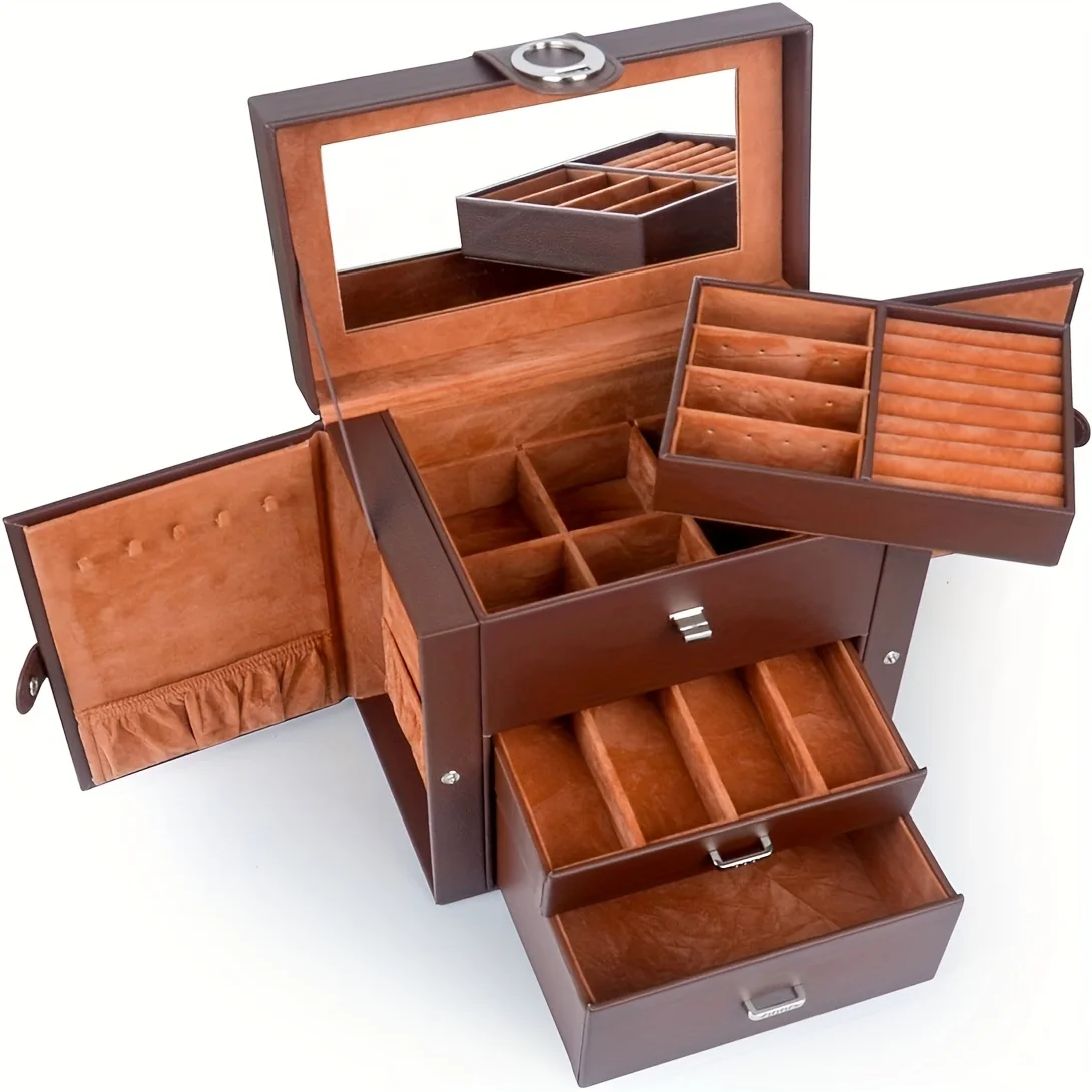 

Jewelry Box for Women, Leather Jewelry Organizer with 2 Drawers and Mirror, Portable Travel Case for Necklace, Ring, Jewelry LJC