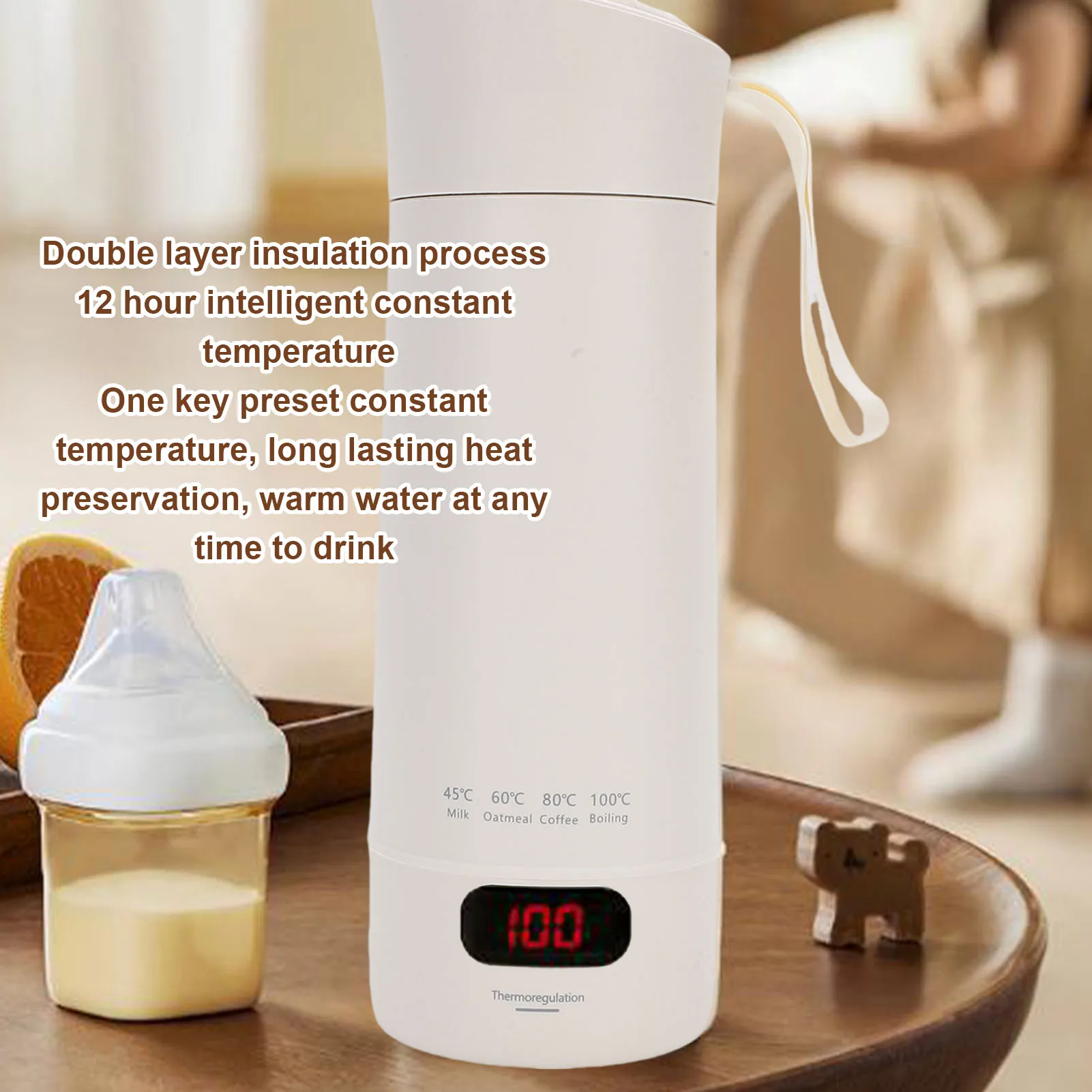 Portable Water Heater Double Layer Anti Scald Travel Electric Kettle 400ml 304 Stainless Steel 4 Temperature Modes for Camping