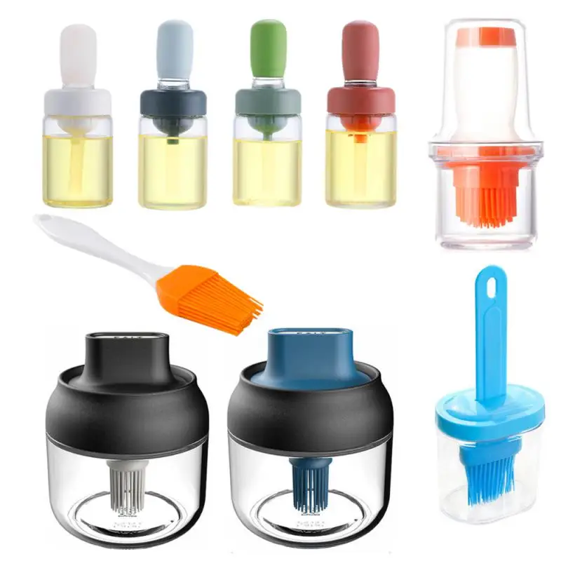 Glass Oil Bottle With Silicone Brush Kitchen Silicone Oil Brush Baking Barbecue Grill Dispenser Pastry Steak