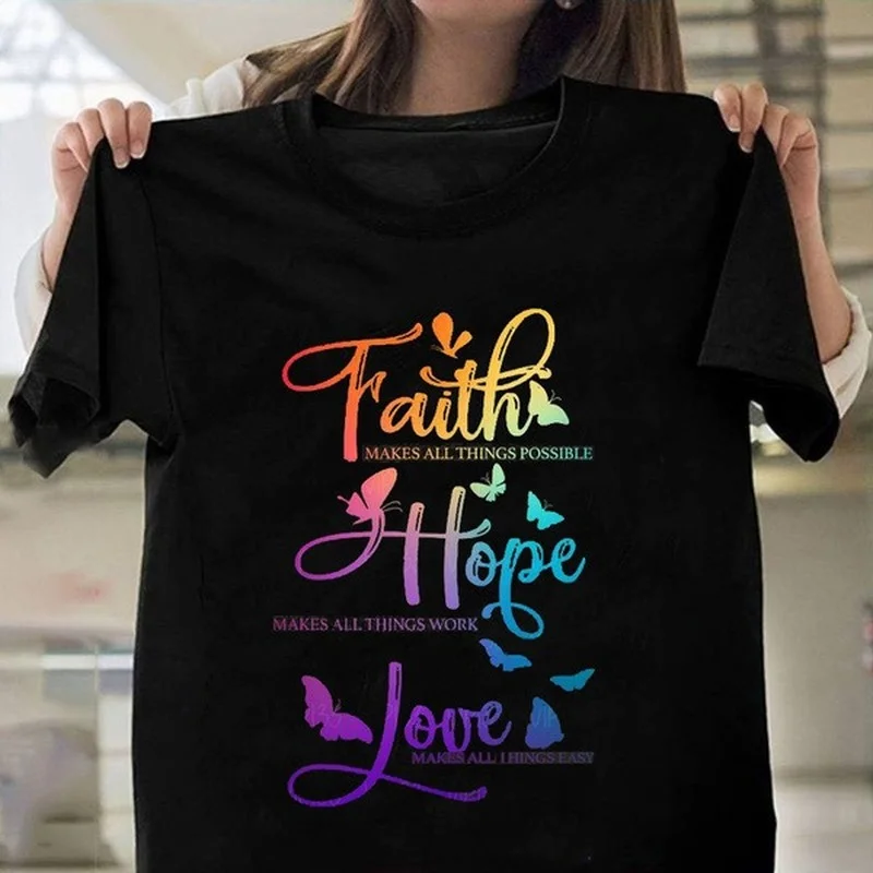 

Colorful Faith Love Hope Print Women T Shirt Short Sleeve O Neck Loose Women Tshirt Ladies Tee Shirt Tops Camisetas Mujer