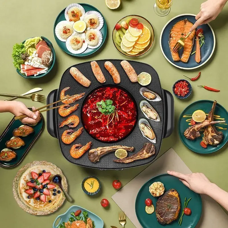 Multifunctional shabu grilling one pot household large electric hot pot cooking smokeless non-stick grilling oven 5