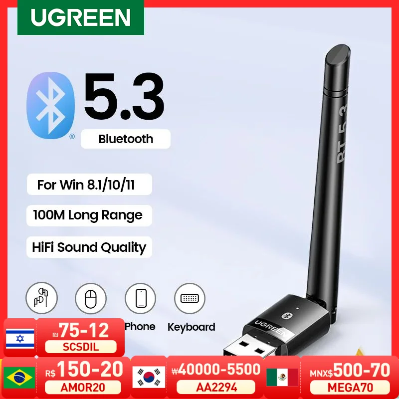 Ugreen-usb Adaptador Dongle Bluetooth 5.3 pc Speaker Mouse sem Fio Teclado Receptor de Áudio de Música Transmissor