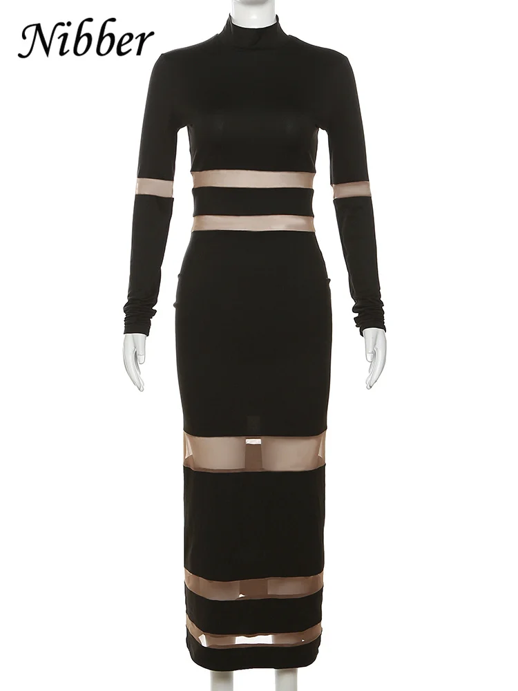 Nibber Elegant Mesh Patchwork Maxi Dress Women See Through O-Neck Full Sleeve Female Evening dresses Bodycon Vestidos Clothing