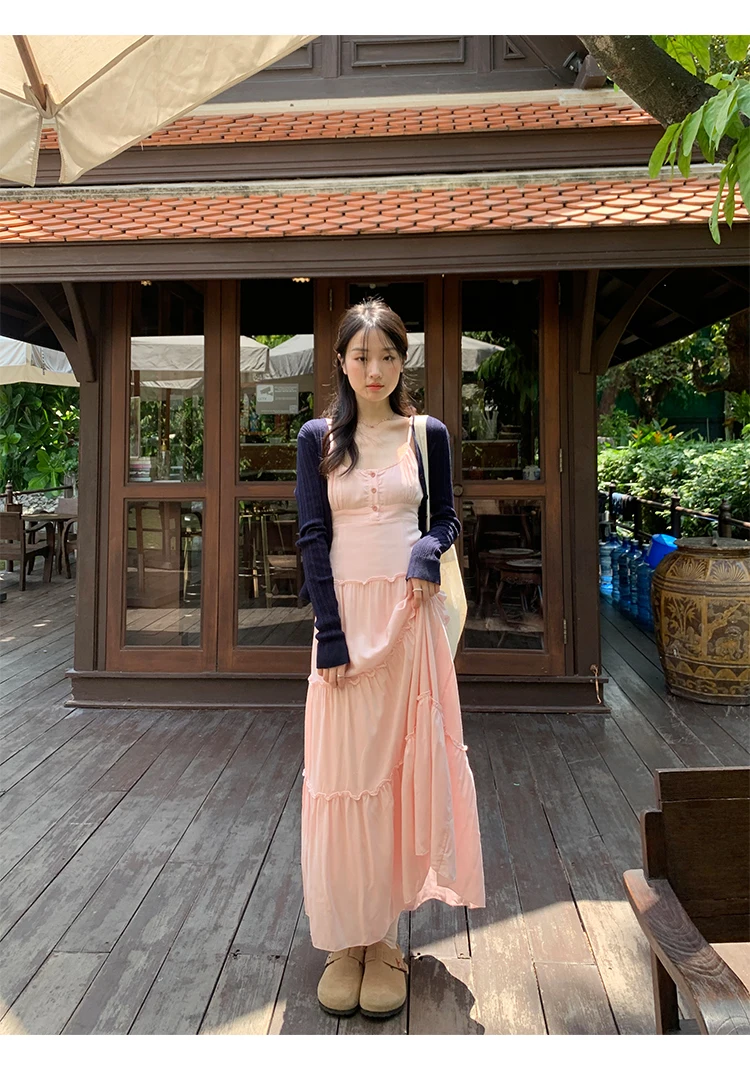 French Elegant Dresses for Women Solid Spaghetti Strap Summer New Ruffles A-line Casual Korean Chic Midi Vestidos Mujer