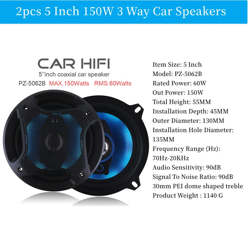 2pcs 4/5/6.5 Inch Car Speakers 100W 150W 180W 3 Way Coaxial Horn Car Audio Music Stereo Full Range Frequency Auto Speaker
