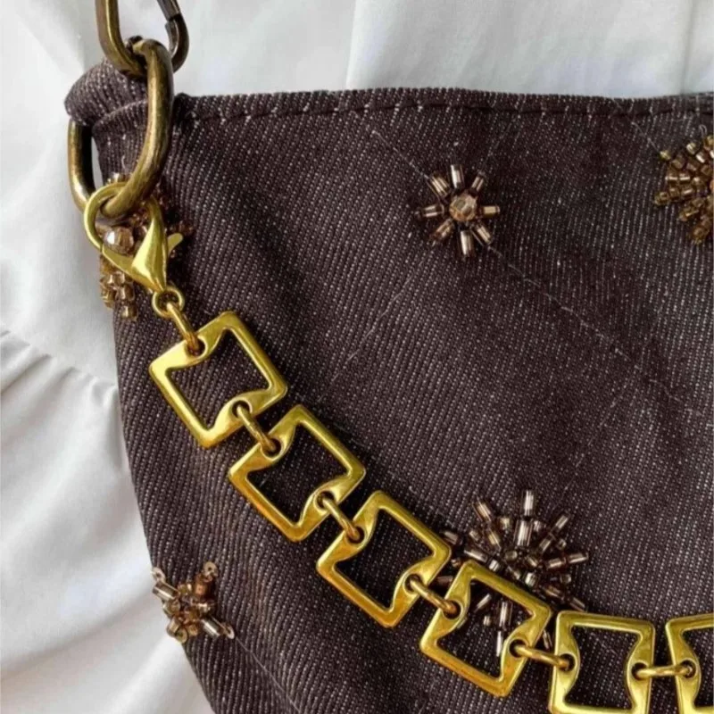Retro Denim Bead Embroidery Shoulder Bag Women Chain Quilted Large Capacity Handbag Ladies Harajuku Versatile Crossbody Bag 2025