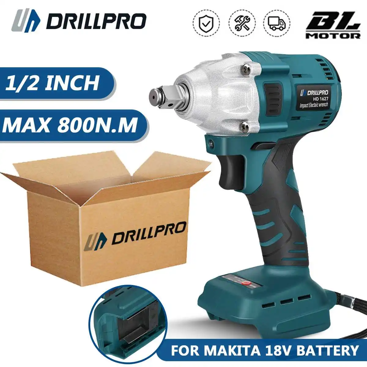 

Drillpro 800N.M Brushless Impact Electric Wrench 2700RPM 3000W Cordless 1/2 inch Power Repair Tools For Makita 18V Battery New