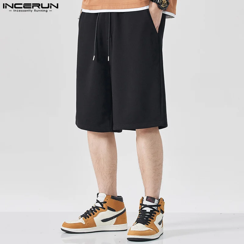 

INCERUN 2024 мужские шорты в американском стиле с эластичной талией, дизайнерские шорты, уличная одежда, мужские прямые однотонные универсальные шорты, женская одежда