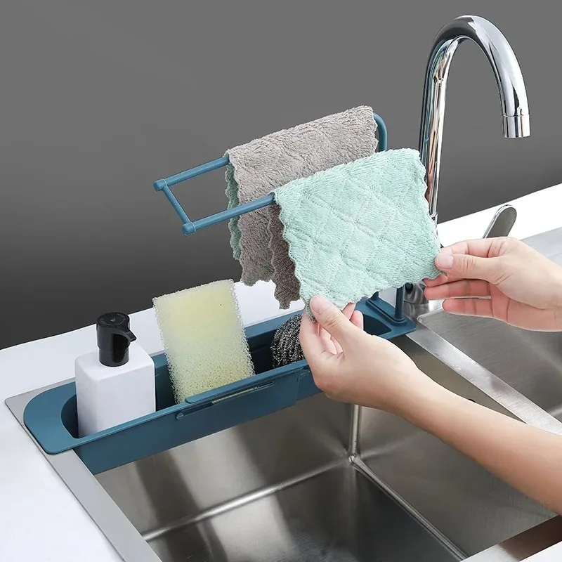 Telescopic Sink Shelf Kitchen Drainer Rack Organizer Soap Sponge Holder Towel Rack Storage Organizer Basket Gadgets Accessories