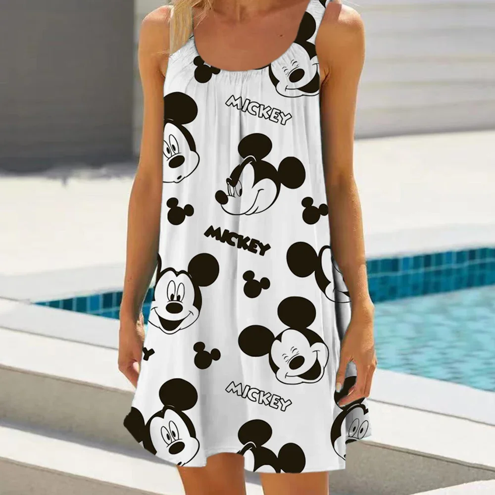 

2024 Mickey Mouse Women's Beach Dresses Fashion Summer Casual Print Sleeveless Cute Mini Sling Dress Sundresses for Women