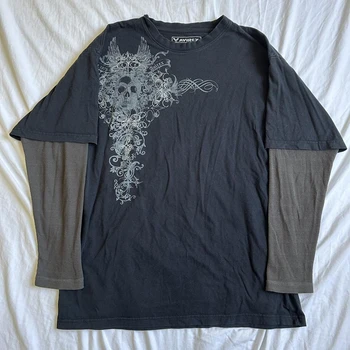 90s Vintage Cross Skull Print Tee Mall Goth Graphic Long Sleeve Patchwork T-Shirt Harajuku Retro Y2k Crop Top Women Streetwear 1