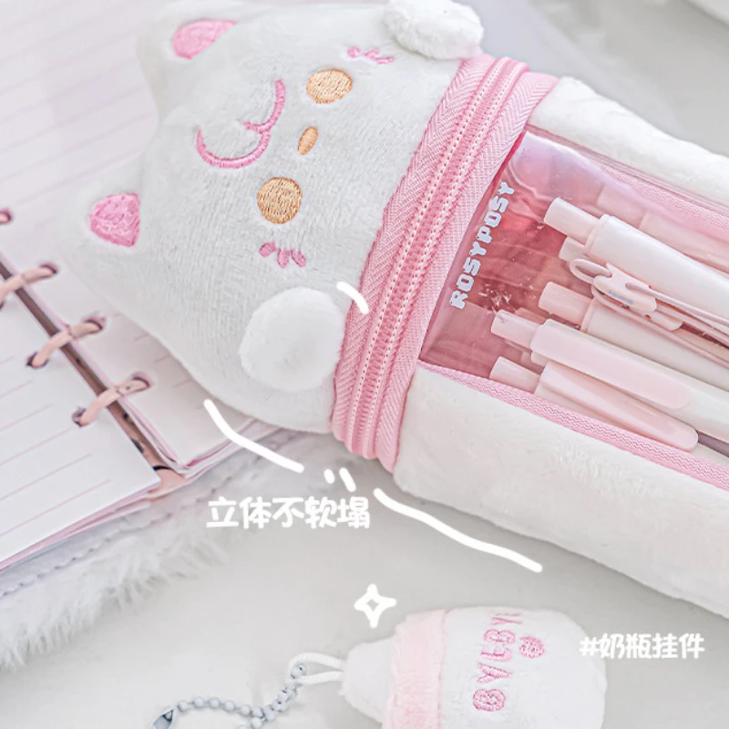 RosyPosy 플러시 고양이가 보이는 투명 펜 가방, 창의적인 개 모양 지퍼 펜 버킷, 대용량 연필 케이스, Planwith 1 개
