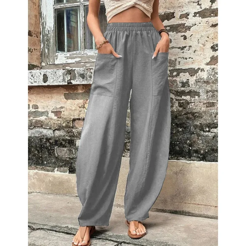 Spring Summer Solid Color Fashion Elastic Waist Wide Leg Trousers Women High Street High Waist Pockets Vintage All-match Pants