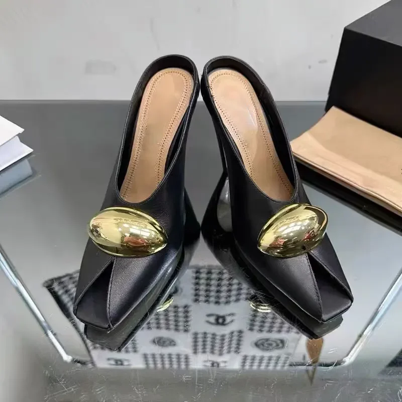 

2024 Summer New Fashion Fish Mouth Slim High Heel Sandals and Slippers Sexy Bright Metal Buckle Women's Large Open Teeth Sandals