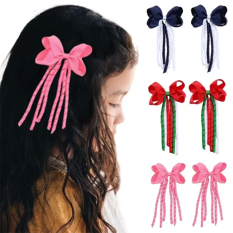 Oaoleer 2Pcs Grosgrain Ribbon Bowknot Baby Girls Elastic Hairband Curly Tassels Bows Toddler Hair Rope Headwear Photo Props dvotinst newborn photography props for baby girls princess snow white dress headband 2pcs costume studio shooting photo props