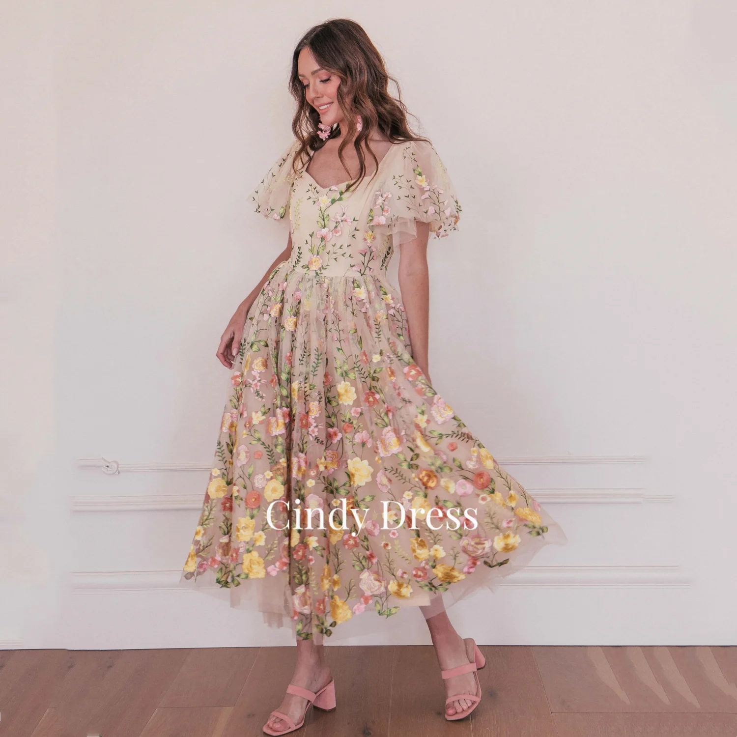 

Cindy Princess Embroidery Flowers Puff Sleeves A-line Wedding Guest Dresses for Women Party Dress Female Woman Women's Luxury