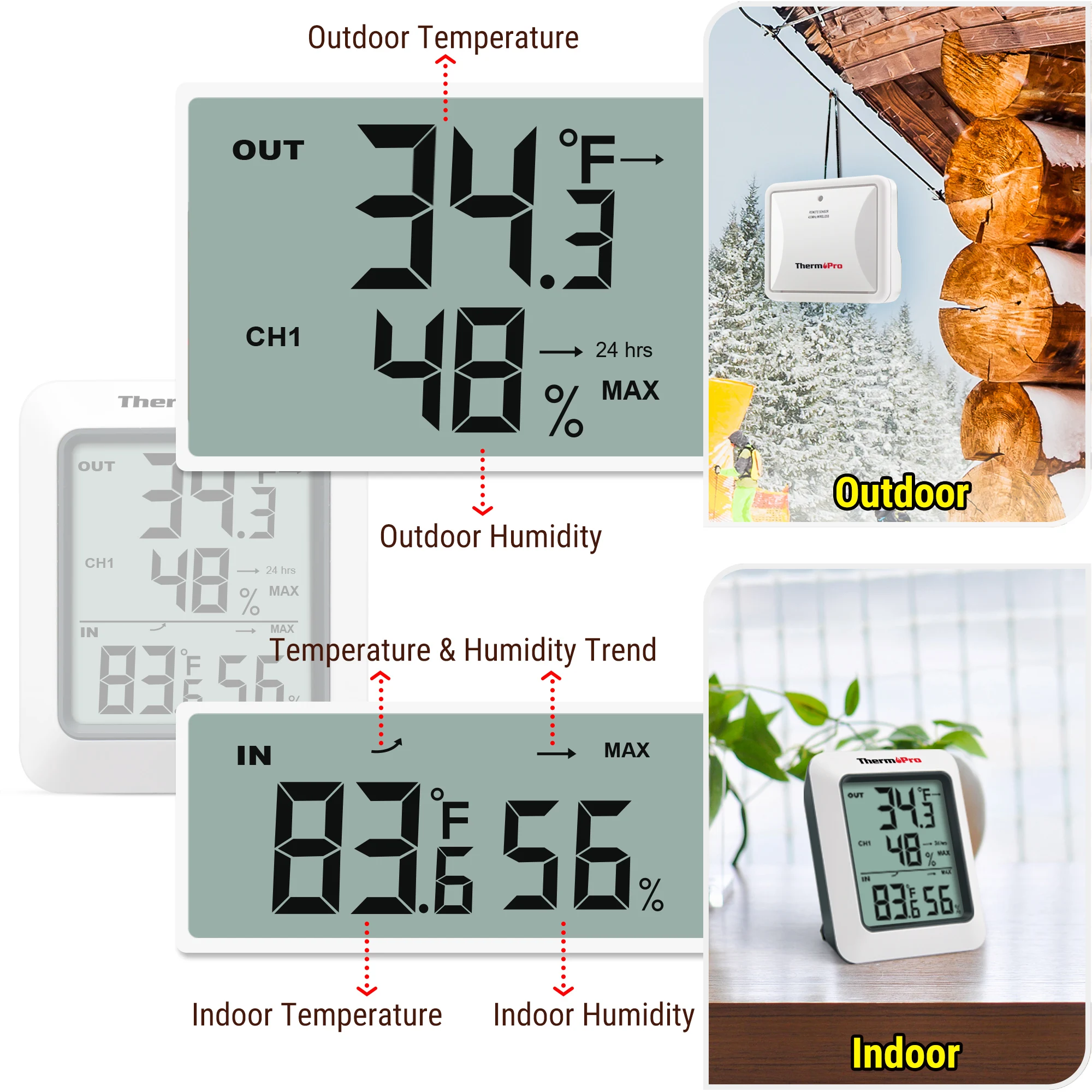 ThermoPro TP60C 60M Wireless Digital Room Indoor Outdoor Thermometer Hygrometer Weather Station Home temperature and humidity meter digital thermometer non medical thermometer