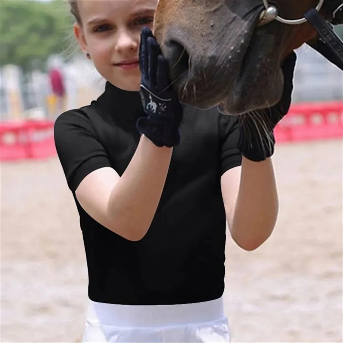 MXLLINA Summer Short Sleeve Equestrian Shirts Girls Breathable Zipper Sport T-Shirt Chirldren Riding Horse Tops Girls 2