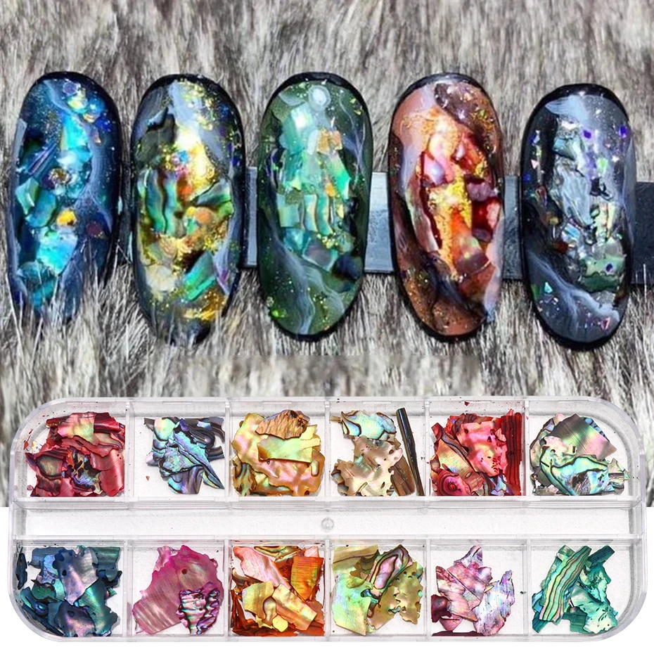 Torokom 3D Abalone-Muschel-Nagelpailletten – 12 Farben In Box, Holografisch, Für UV-Gel & Maniküre