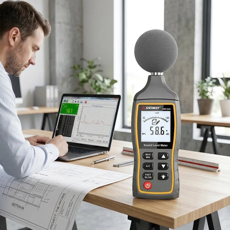 SNDWAY SW 523 SW524 Schallpegelmesser 30-130dB Dezibel-Monitor LCD-Hintergrundbeleuchtung Alarm Lärmmessgerät für Zuhause und Büro