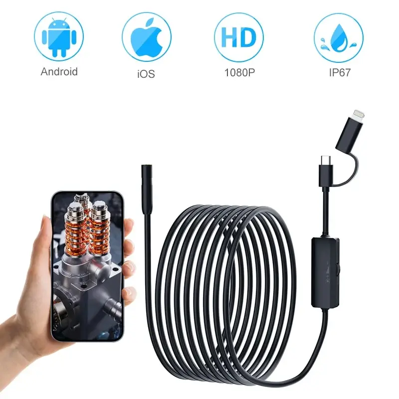 Endoscope Camera with Light 1920P HD 3MP Semi-Rigid Snake Camera 8 mm IP67 Waterproof Inspection For IOS Android inspection camera,mini endoscope camera