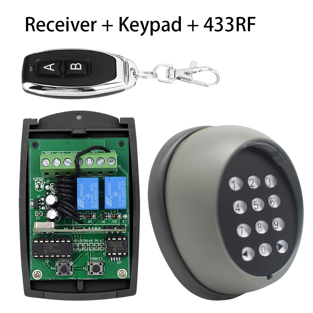 Wireless Keypad Garage Gate Opener Keypad Rolling Code 2 Channel Receiver 12V 24V 2CH EV1527 Learning Code 433mhz for Door