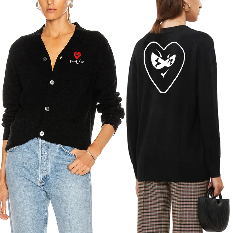 

Break Egg Women V-Neck Cardigan Heart Glasses Embroidery Back Hollowed Heart Print Autumn Cotton Single Breasted Fit Sweater