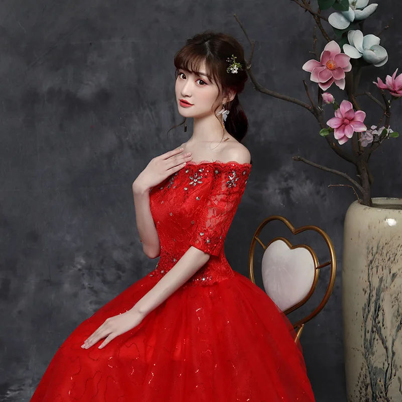 

2022 New Fat Lady Ribbon Medium Sleeve Off Shoulder Dress Wedding Dress Red Knot Fat Size
