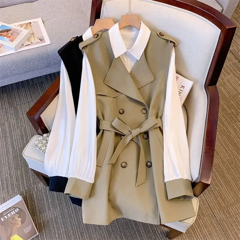 

Spring Women Trench Coat Blouse 2Pcs Set Casual Belt Jacket 2023 Thin Slim Women Sun Protect Coat Office Lady Women Dresses