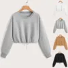 Women Long Sleeve Sweatshirt Fashion Solid Crop Top Soft Daily Loose Drawstring Hem Womens O-Neck Trendy Basic Femme Pullovers 6