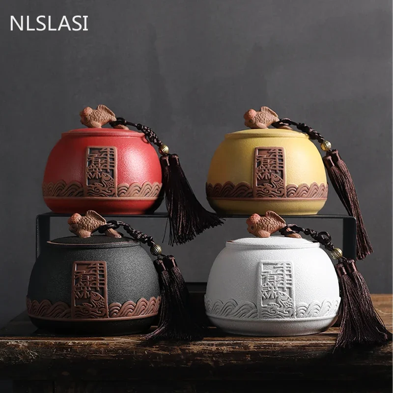Traditional Pottery Tea Caddy Large Capacity Ceramic Storage Tank Portable Sealed Travel Tea Jar Candy Coffee Spice Container tea canister ceramic storage jar airtight container