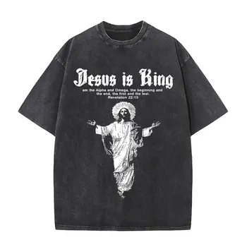 Vintage Washed Jesus Is King Graphic T-shirt Christian Religious Short Sleeve T-shirts Men Women Gothic Rock Oversized T Shirts 1