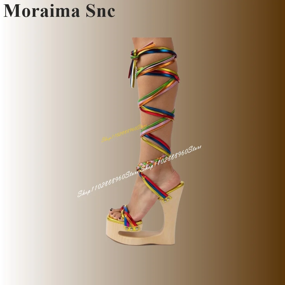 

Sexy Iridescence Cross Tied Platform Sandals Strange Style Heel Women Shoes Lace Up Open Toe 2024 Fashion Zapatos Para Mujere